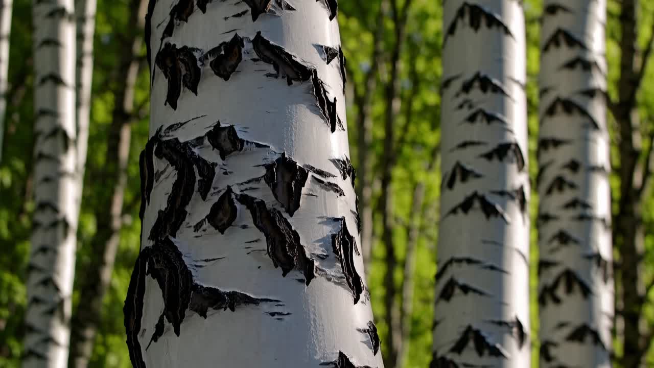 Close-up of birch tree trunks with peeling bark, captured at eye level