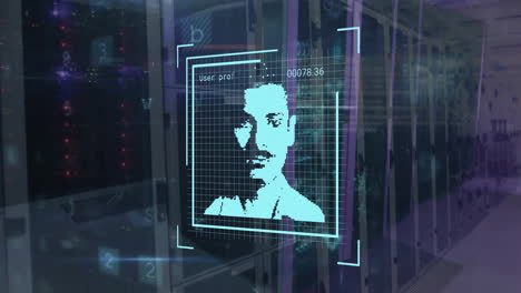 animation of diverse profile scans, data and security warnings over computer server room