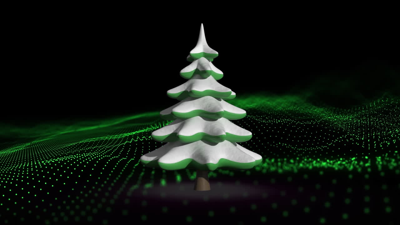 Animation of christmas tree over moving glowing wave of purple dots on dark background