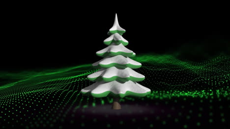 animatie van kerstboom over bewegende gloeiende golf van paarse stippen op donkere achtergrond