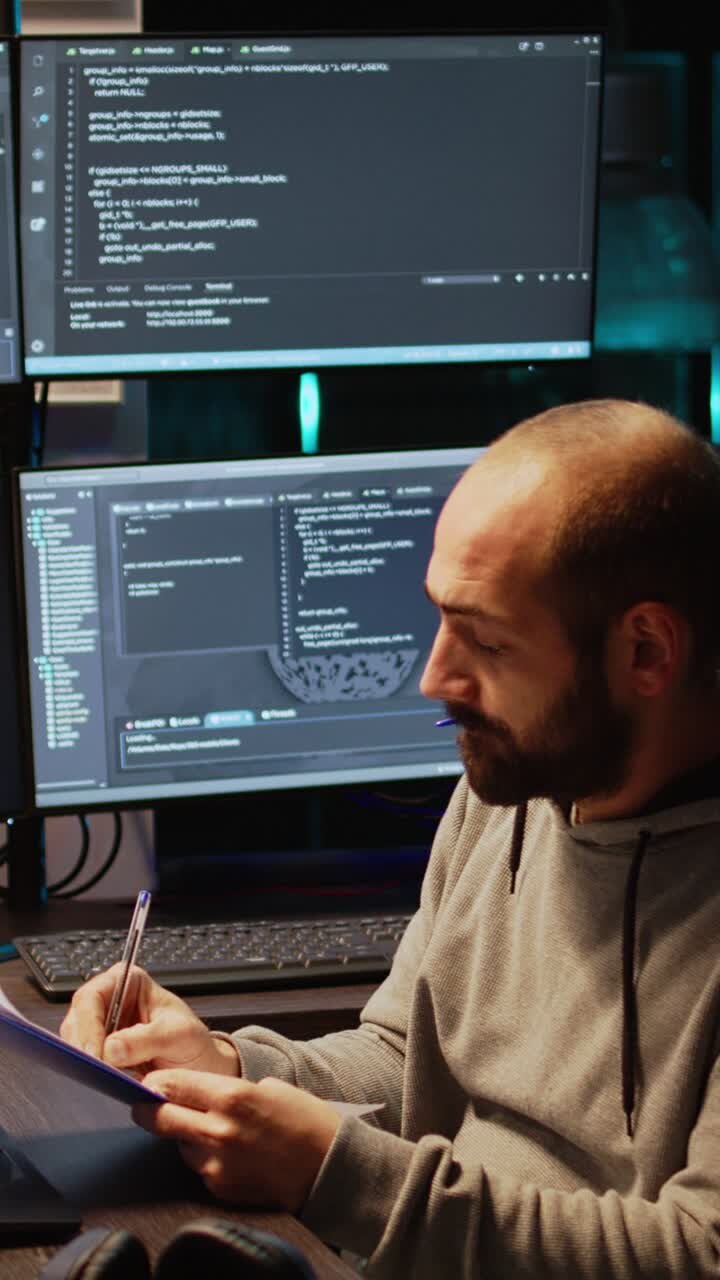 Vertical video: IT system engineer comparing data files on clipboard papers