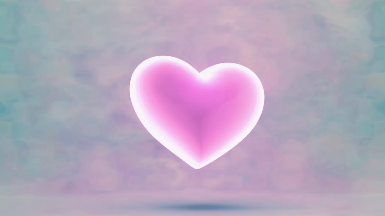 A glowing pink heart floats against a soft pastel background, captured from a front-facing angle