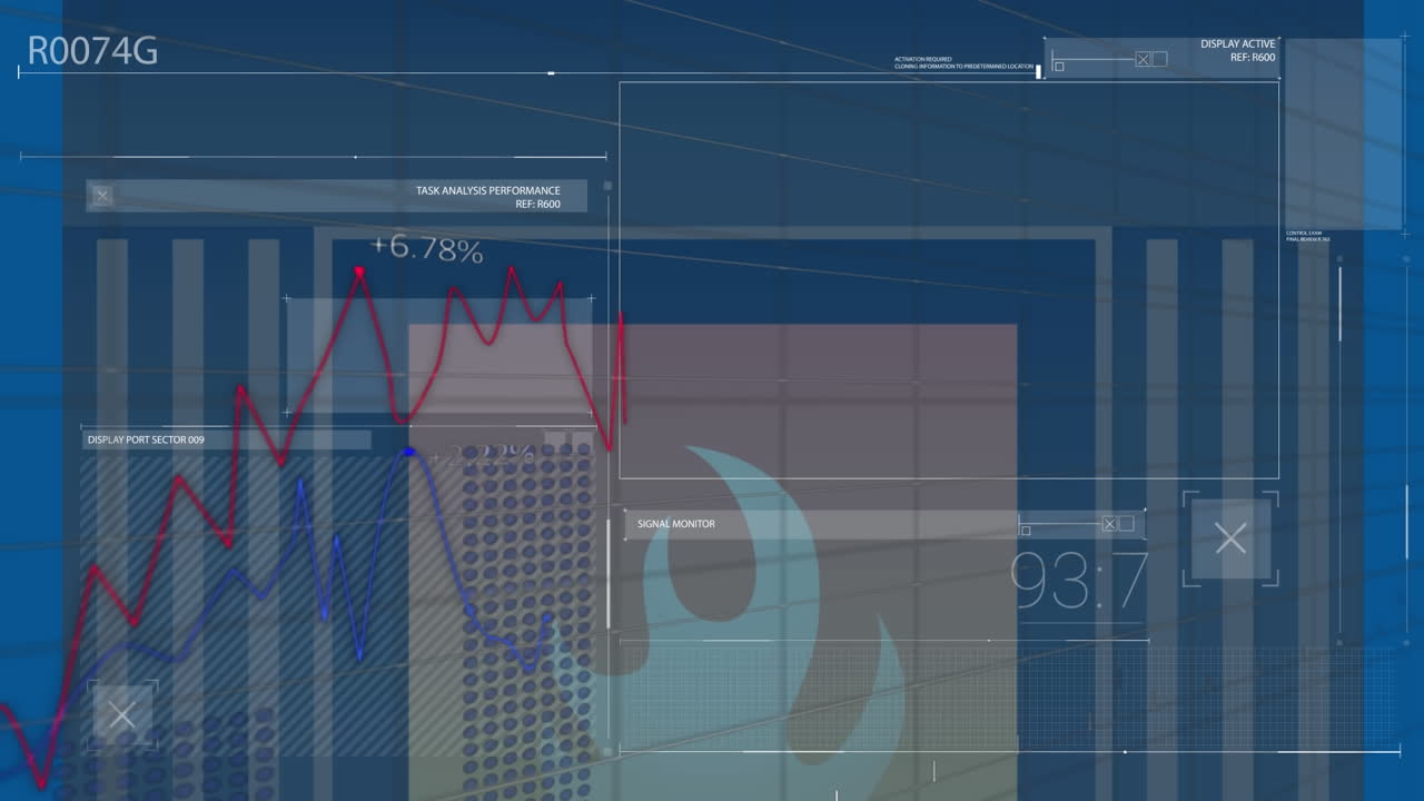 animación del procesamiento de datos, el cortafuegos y la pantalla digital sobre fondo azul