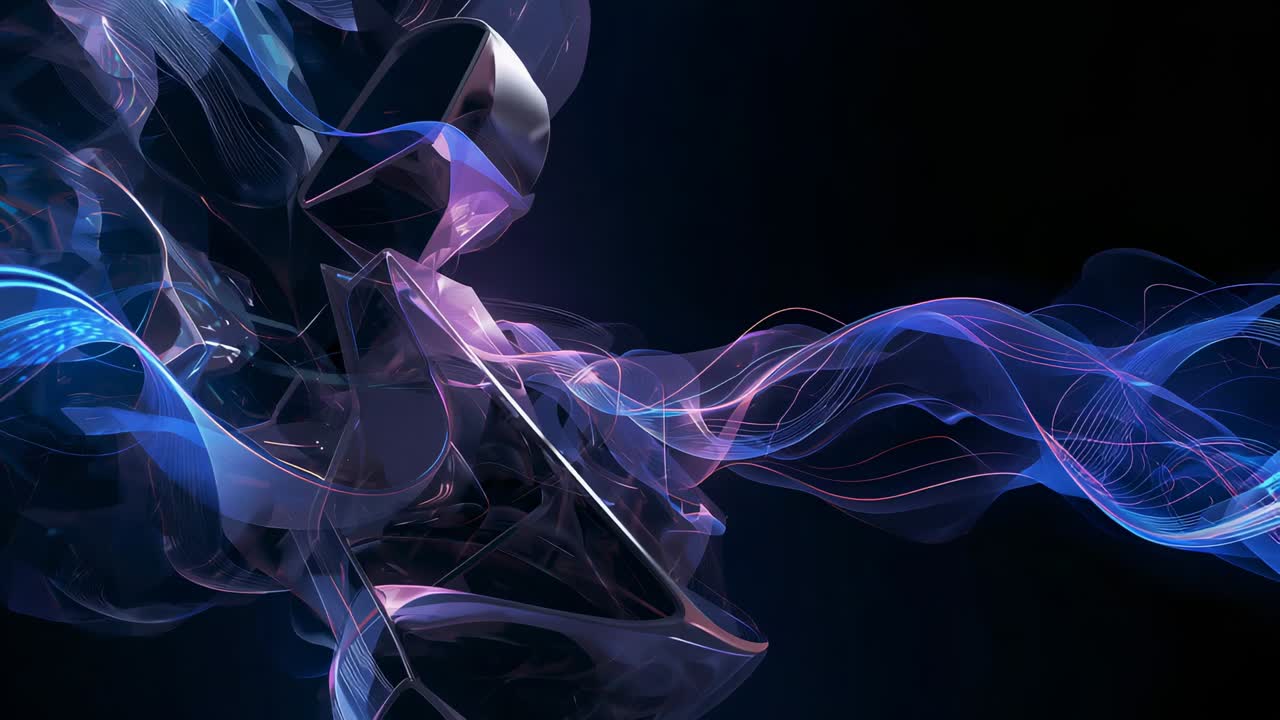 Unfolding glossy cluster sending ribbon rightward across black void, with layered filaments