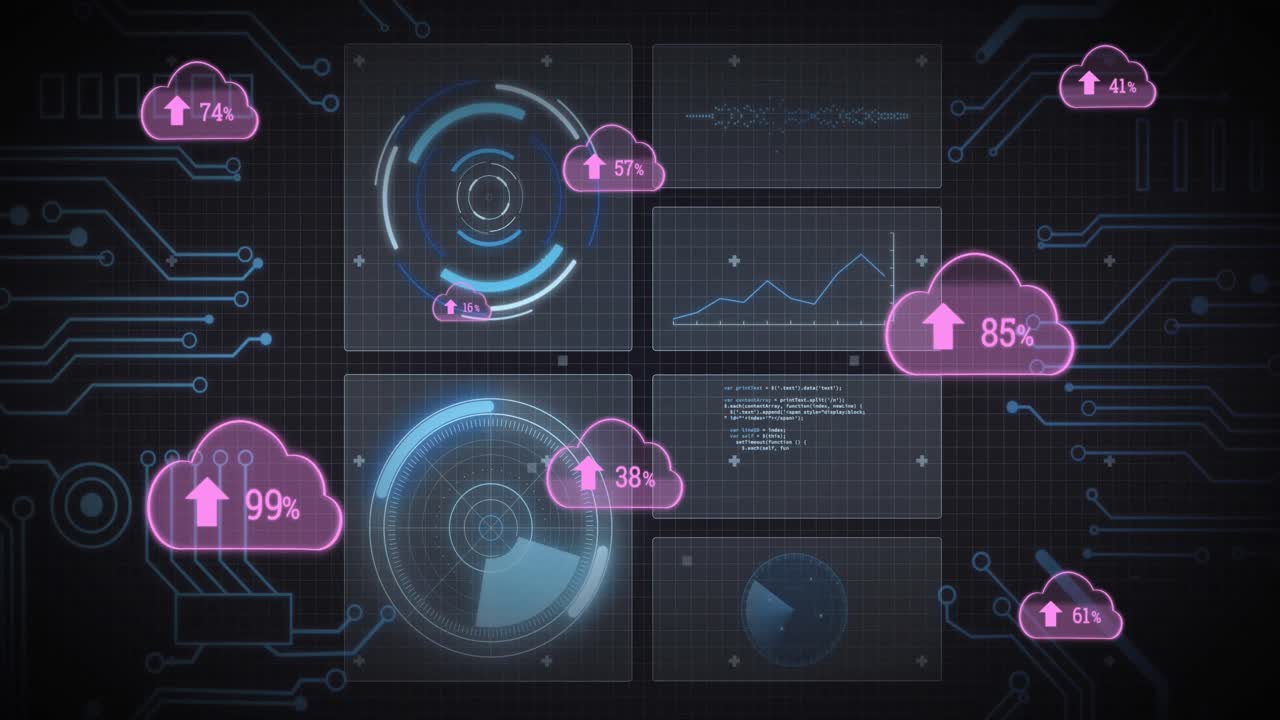 Animation of pink clouds with arrows and percent, scopes scanning and data processing on screens