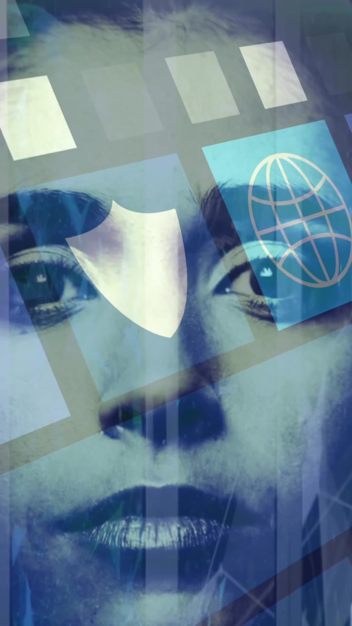 Animation of media icons over caucasian woman