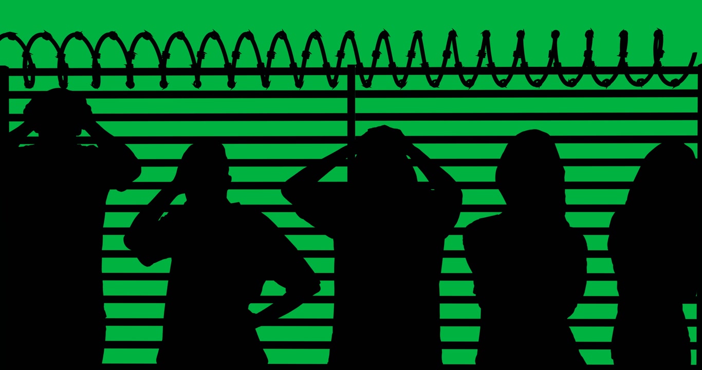 Silhouette of people against barber wire over a fence against copy space on transparent background