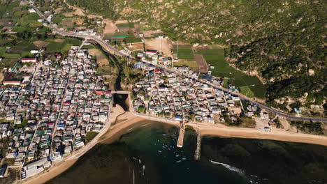 Aerial-top-down-Vietnam-seascape-Thai-An-fisherman-village,-tropical-vineyard-for-wine-production-in-Asia,-Grapes-Agriculture-organic-farm