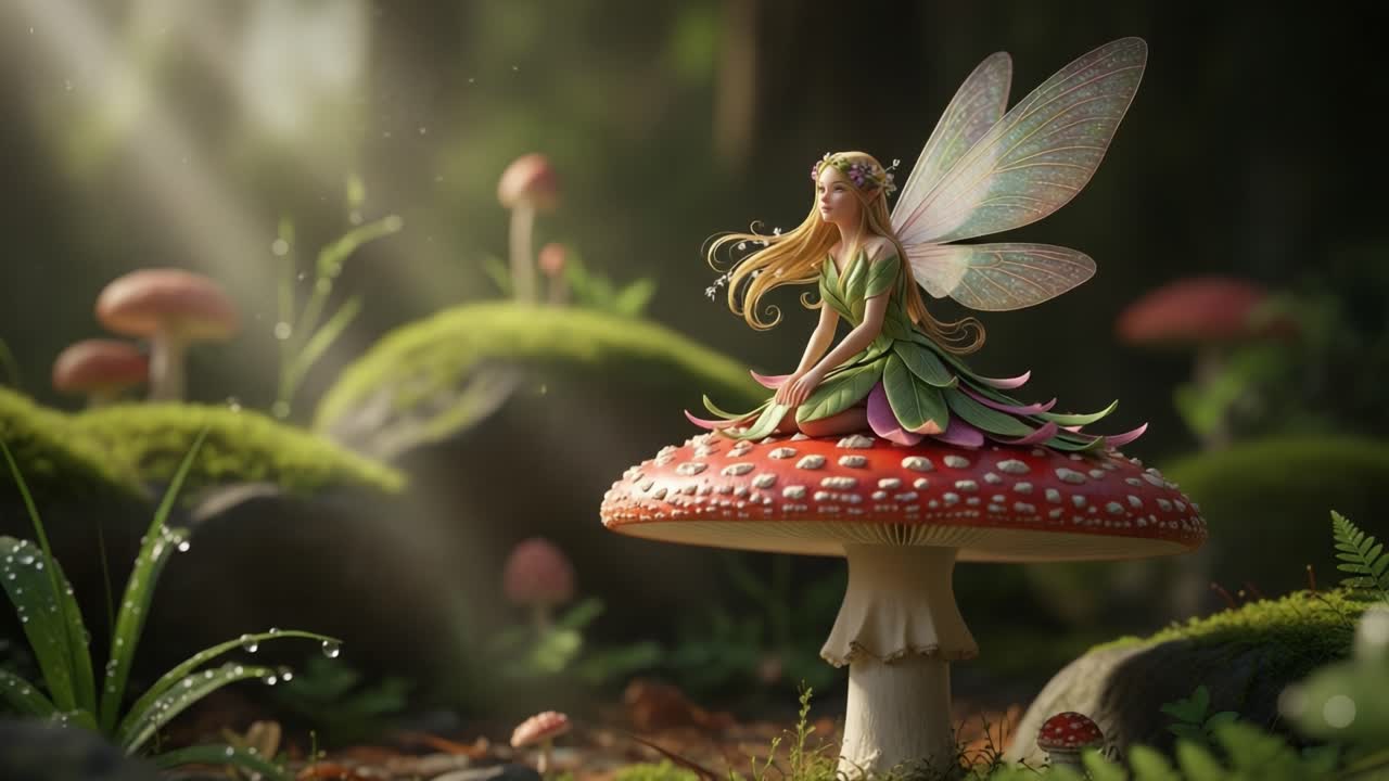 A whimsical fairy seated gracefully on a vibrant mushroom in a magical forest, surrounded by lush greenery, sparkling light, and enchanting flora