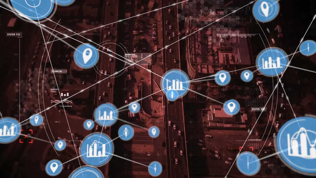 Animation of network of connections with icons over cityscape