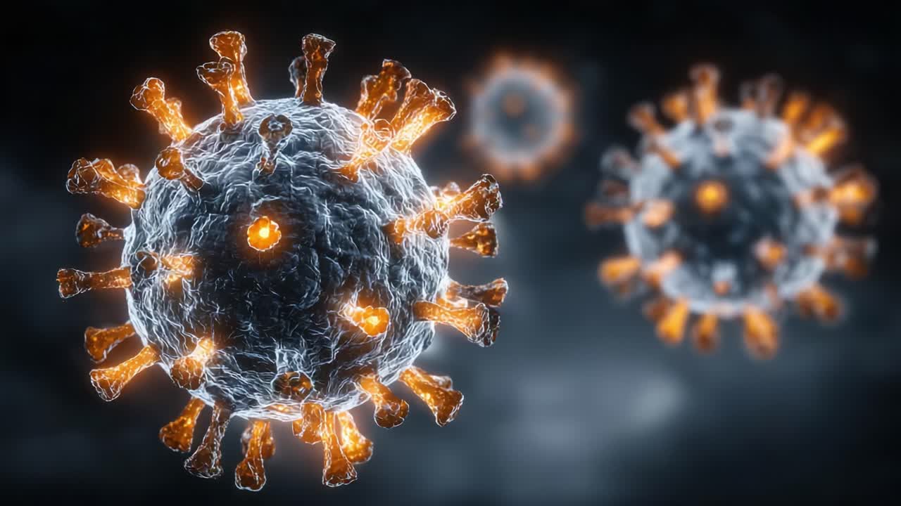 Visualizzazione dettagliata delle strutture dei virus che mette in evidenza le punte e le caratteristiche della superficie su uno sfondo scuro, enfatizzandone l'architettura e il comportamento complessi.