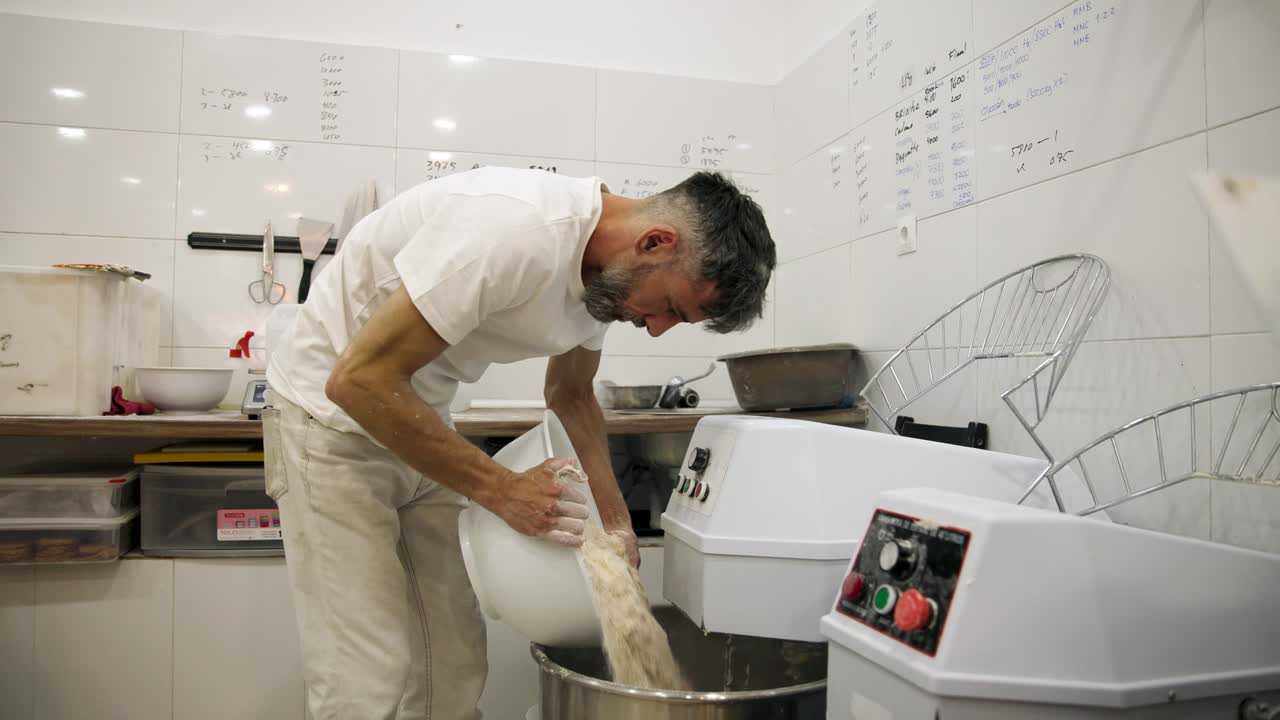 Fornaio che versa l'impasto in un'impastatrice industriale in una cucina professionale.