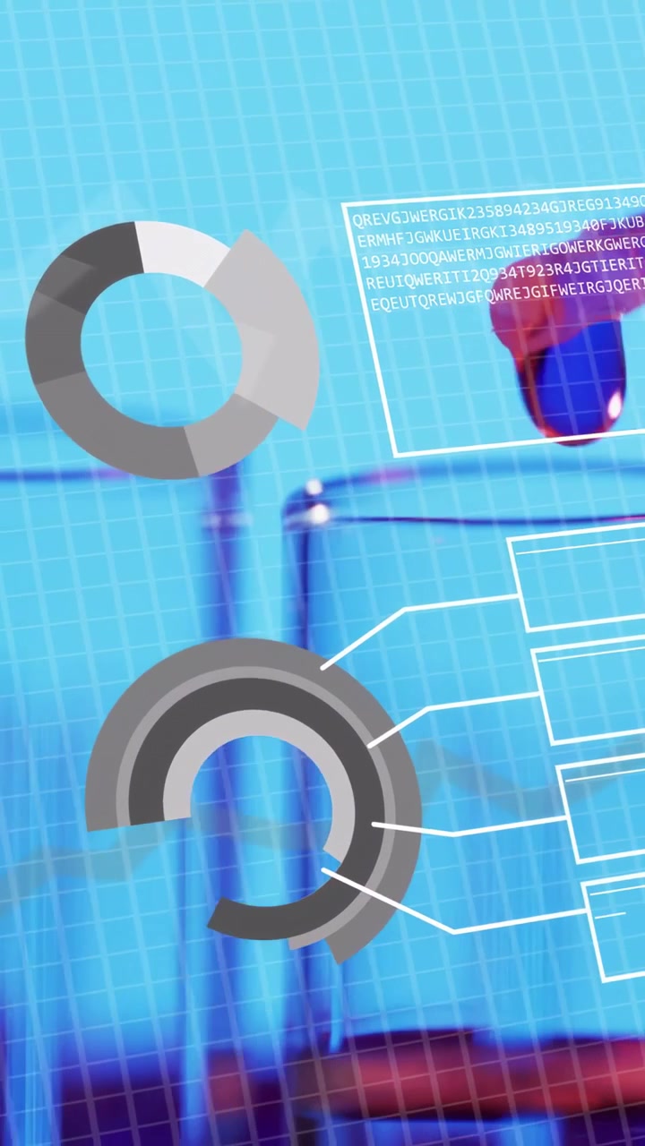 Vertical video: Pipette tip entering top-right, droplet falling, charts expanding to show sample