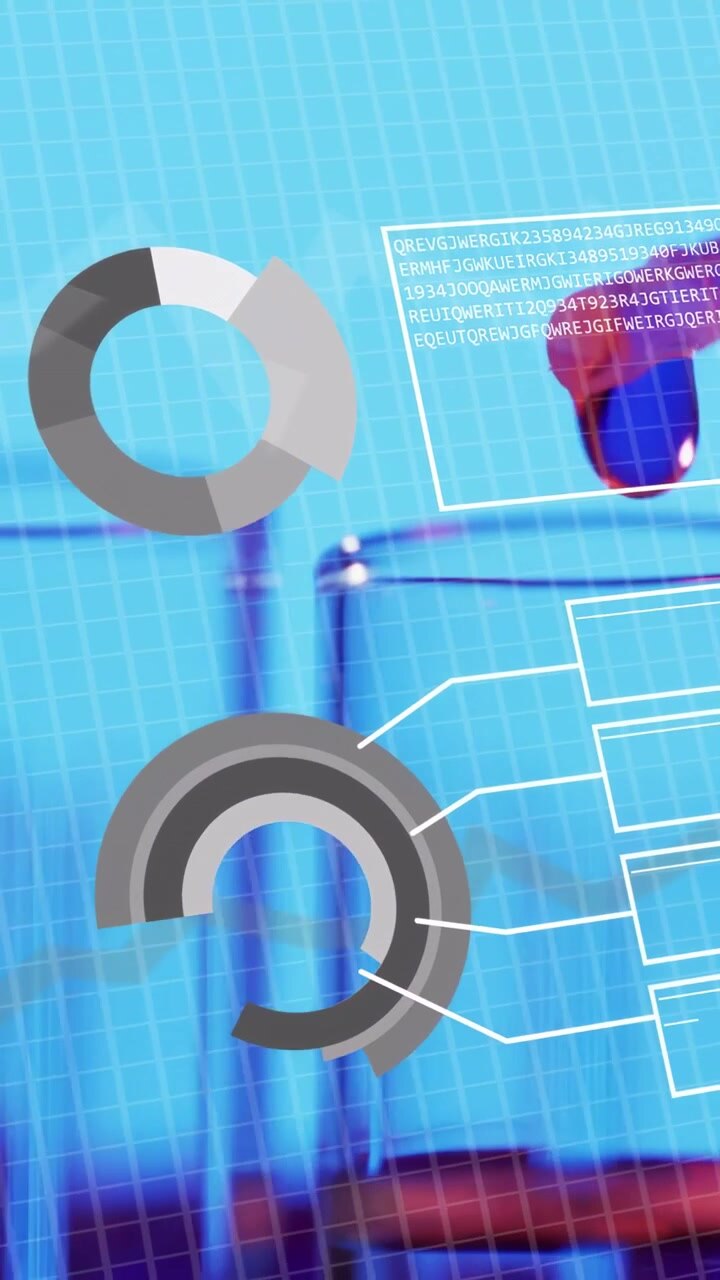 Vertical video: Pipette tip entering top-right, droplet falling, charts expanding to show sample