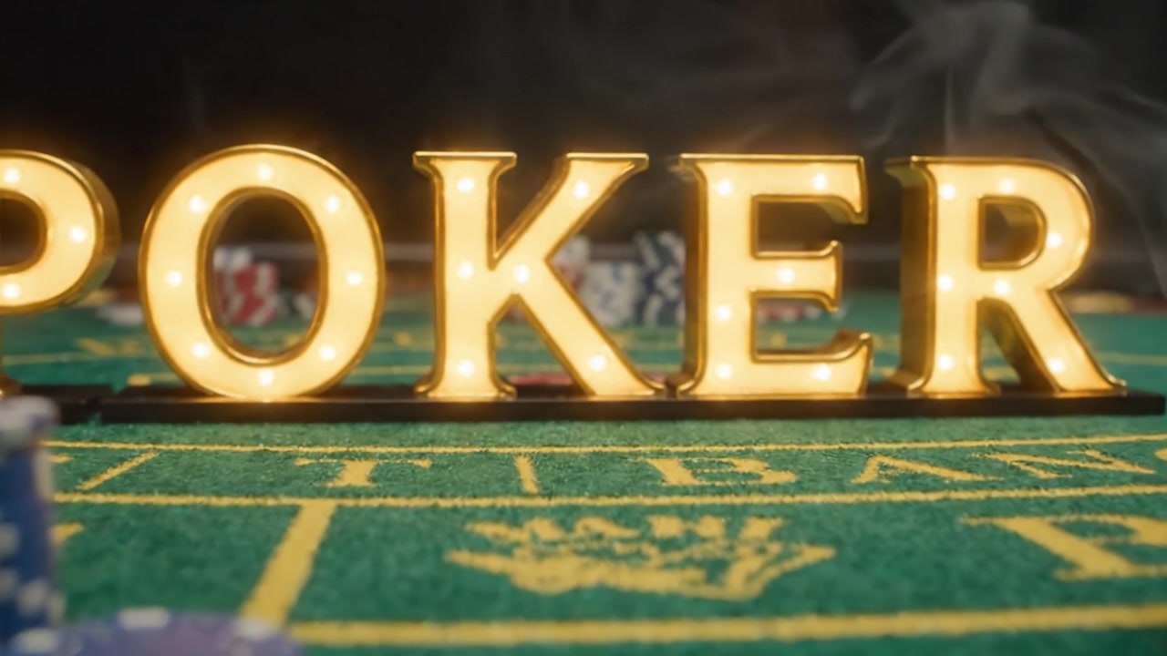 Exciting Moments at the Poker Table: A Captivating View of Chips, Cards, and the Glow of the Signature Poker Sign in a Thrilling Gambling Environment