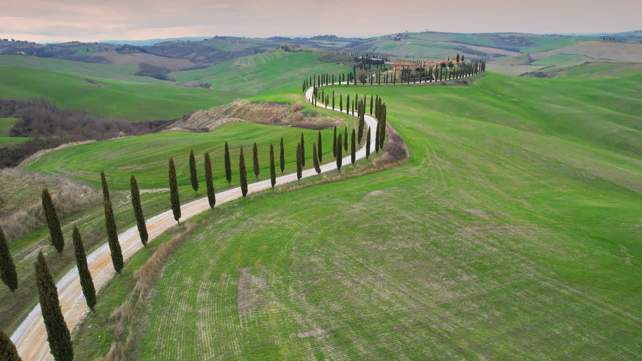 푸른 언덕과 아시아노 근처의 사이프러스 나무가 있는 자갈 도로의 원형 공중 풍경 val d'orcia, 시에나 지방, 이탈리아