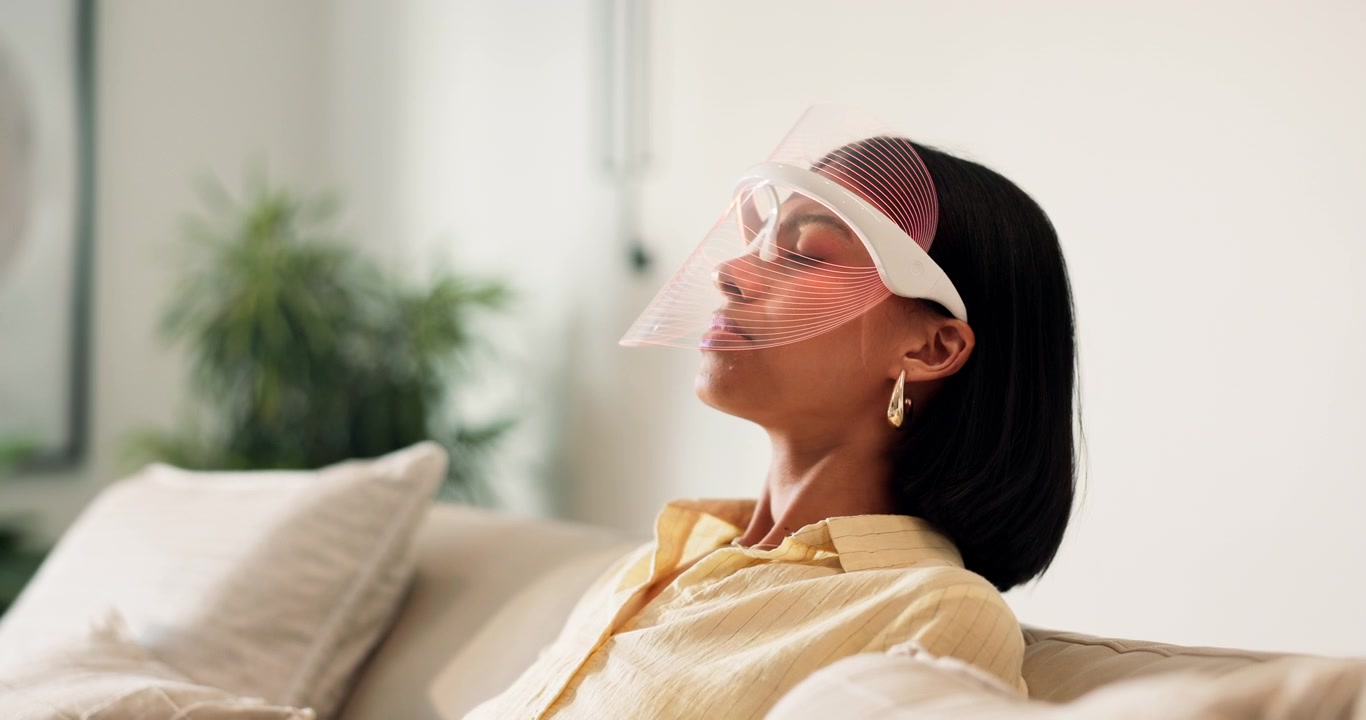 Giovane donna che usa una maschera per il viso a luce LED a casa