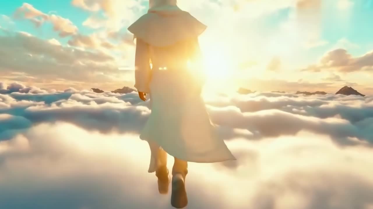 Una serena scena video di una figura ammantata che cammina sulle nuvole all'alba, ripresa da dietro