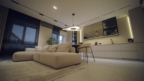 stylish and elegant minimalist home interior featuring clean lines, neutral colors, and warm ambient lighting, creating a cozy and modern atmosphere.