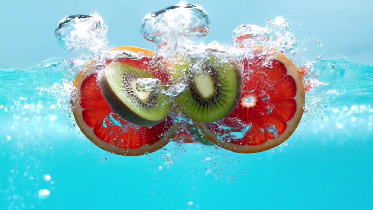 Grapefruit- und Kiwischeiben fallen in blaues Wasser