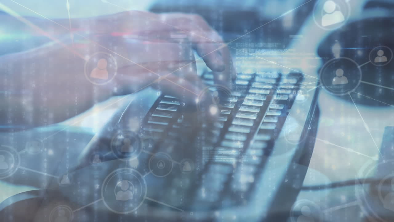 사람 아이콘과 연결 네트워크를 통해 컴퓨터 키보드에 타이핑하는 사람의 애니메이션