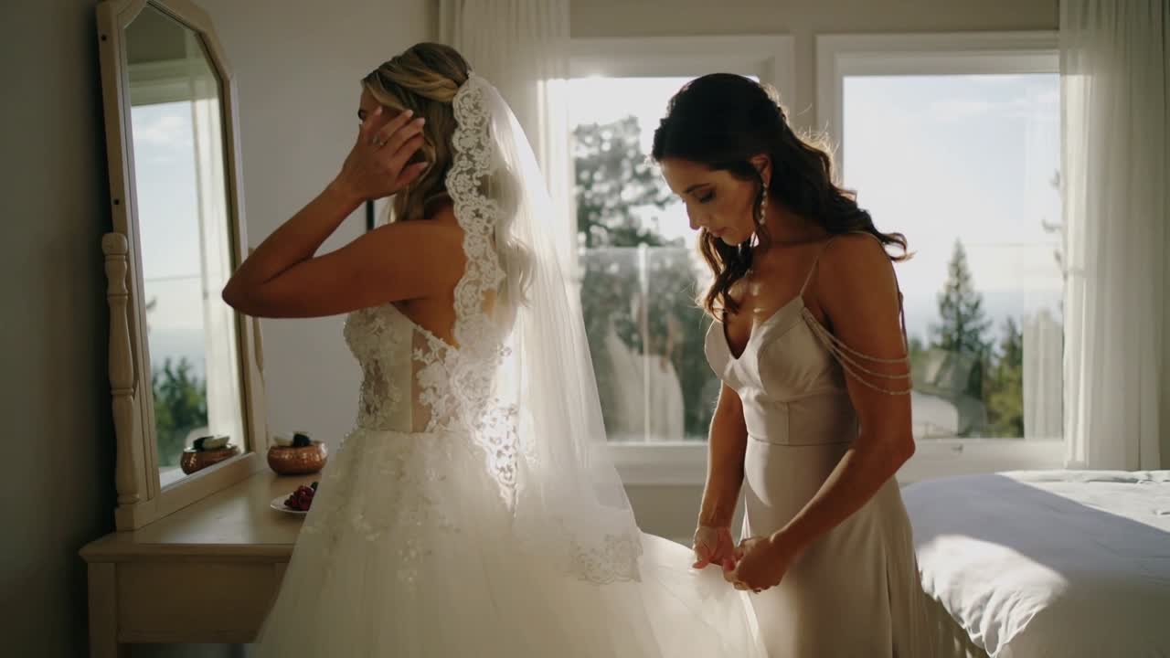Preparing for vows bride in lace gown, bridesmaid adjusting veil, smoothing train at vanity mirror