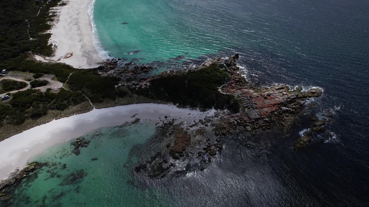 Jeanneret Beach Campsite, Binalong Bay, Tasmania, Australia - Aerial Drone Shot