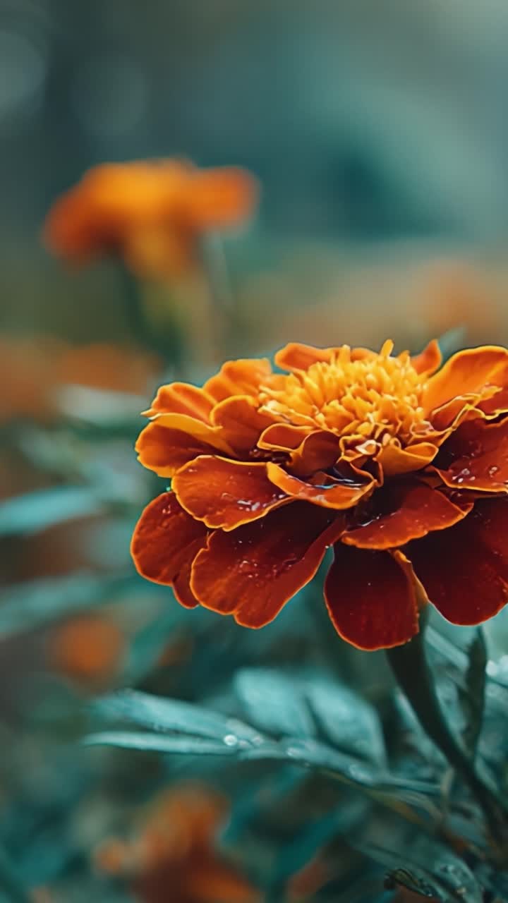 Splendido primo piano di vivaci fiori di calendula con gocce di rugiada scintillanti, che cattura la bellezza e l'eleganza della natura con messa a fuoco morbida su uno sfondo verde
