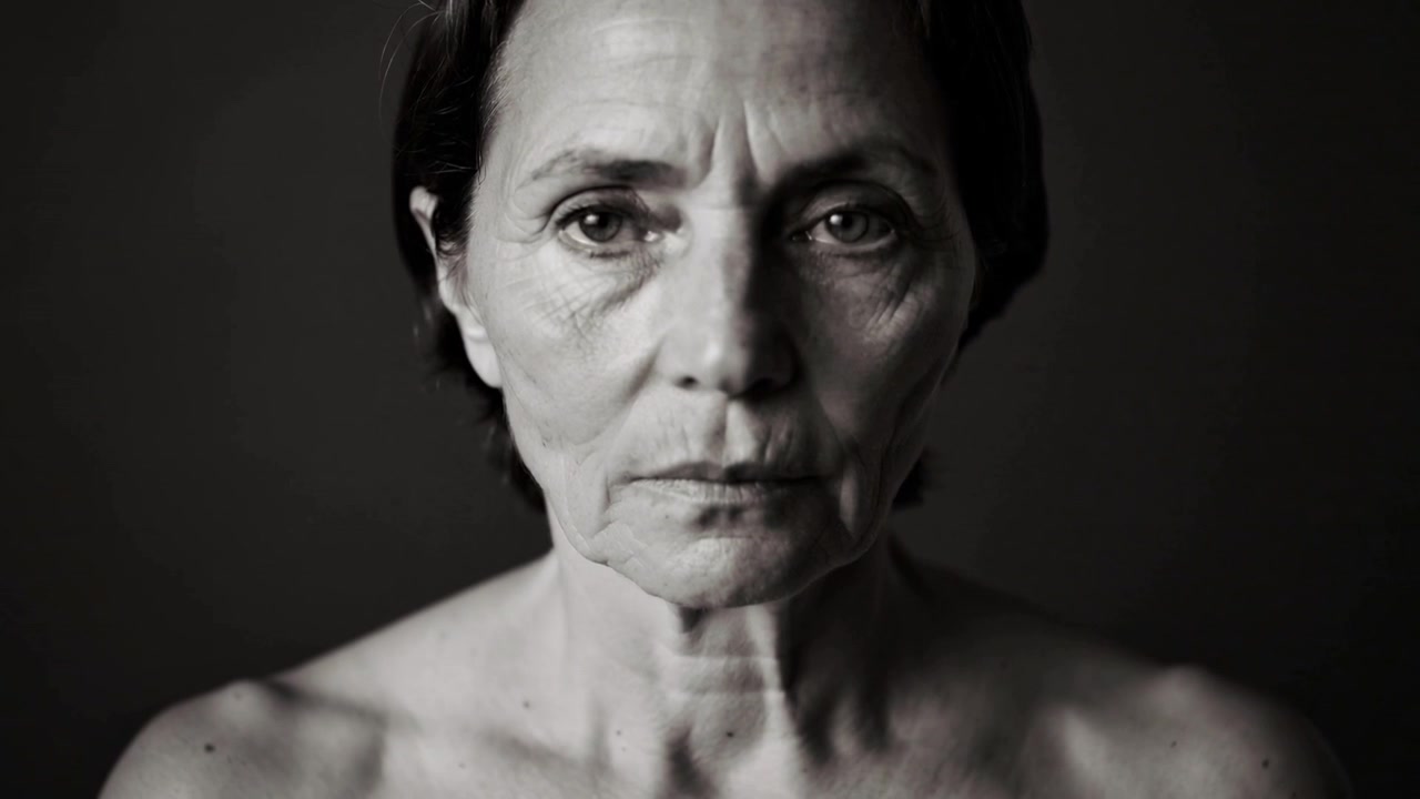 Mostrando una donna anziana che mantiene lo sguardo mentre le riprese iniziano in studio, chiudendo gli occhi con uno sfondo illuminato delicatamente