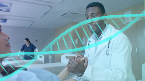 animation of dna strand over diverse male doctor and patient in hospital