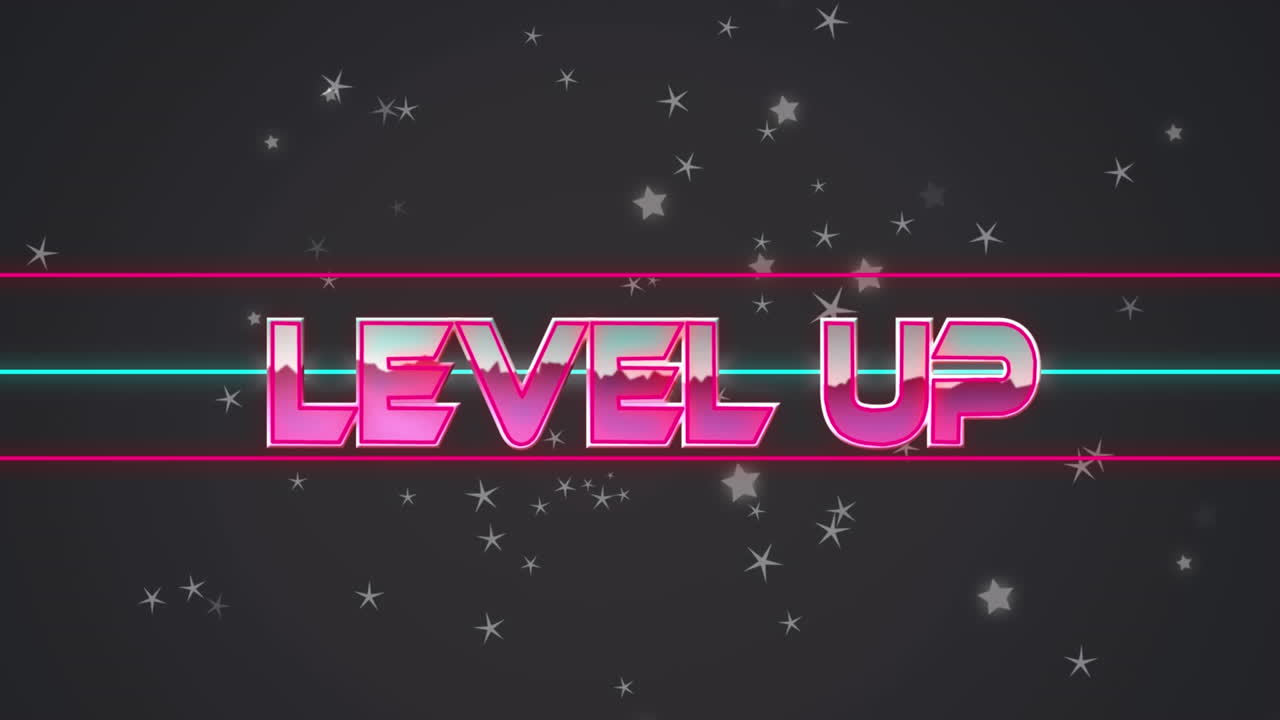 어두운 배경에 기하학적 모양 위에 레벨 업 텍스트의 애니메이션