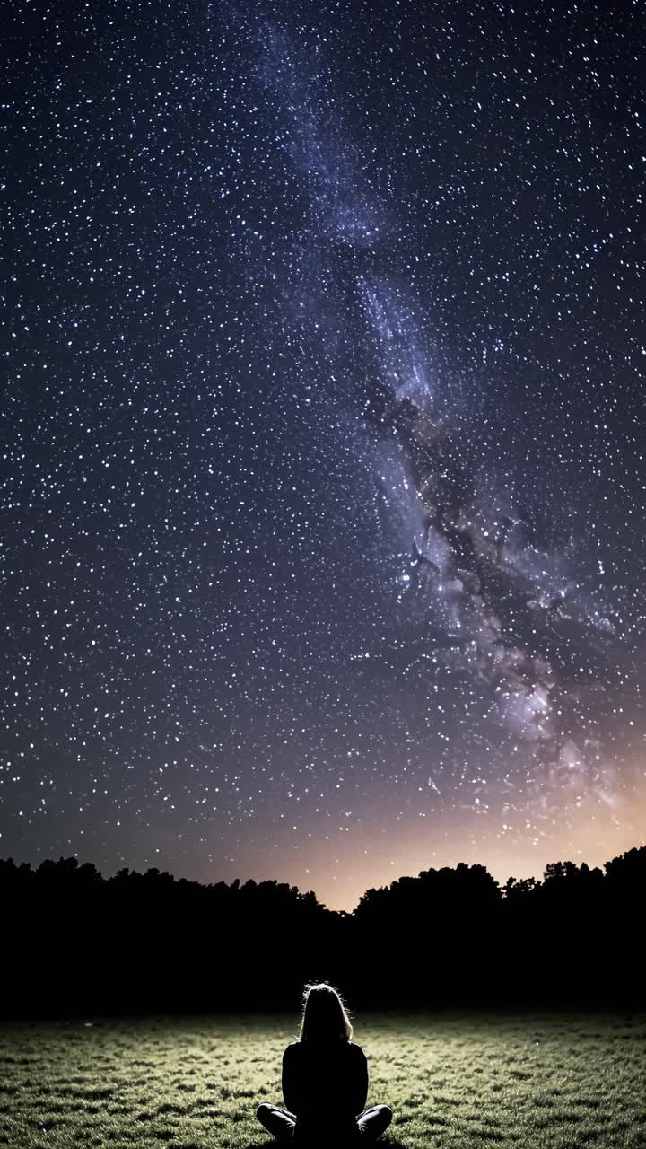 Silhouette of a person sitting on grass under a starry sky, captured from a low angle