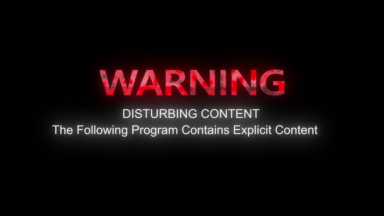 Red warning advisory title visual with glowing text black empty space and dramatic content notice