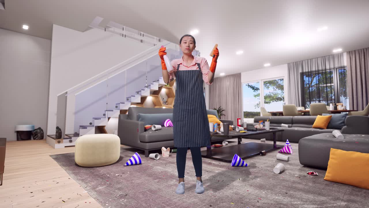 Full Body Of Tired Asian Female Housekeeper With An Apron Looking At Spray And Kitchen Sponge In Hands Then Shaking Her Head In House