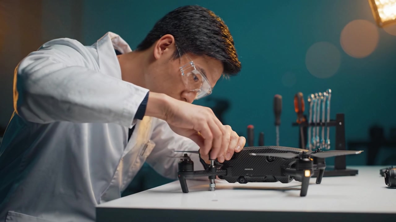 A focused technician meticulously repairs a drone, demonstrating precision and skill with tools in a well-lit workspace, showcasing modern technology and engineering.