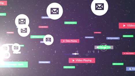 Animation of falling social media icons over dark background