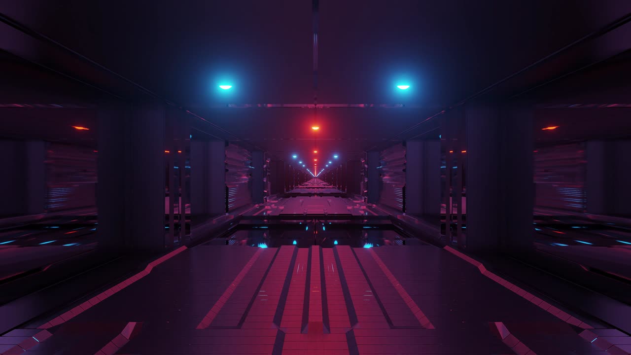 corridoio di tunnel spaziale sci-fi futuristico con luci luminose e finestre di vetro e fondo