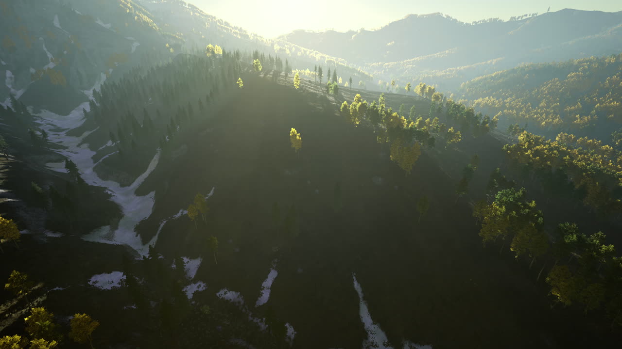 Majestic mountain landscape showcasing trees and snow under bright sunlight