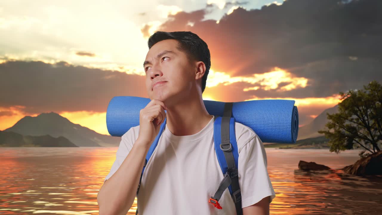 Close Up Of Asian Male Hiker With Mountaineering Backpack Thinking About Something And Looking Around Then Raising His Index Finger At A Lake