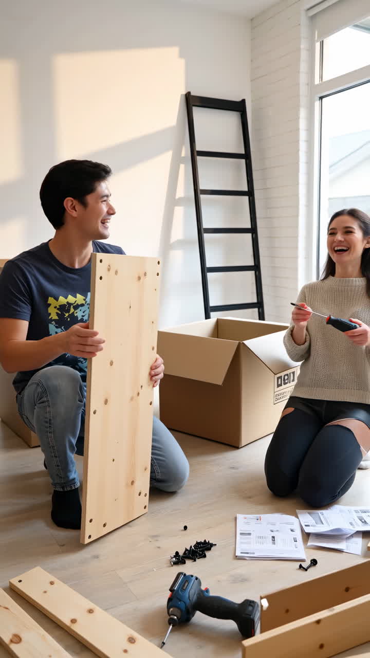 Happy Couple Assembling Furniture Together in New Home