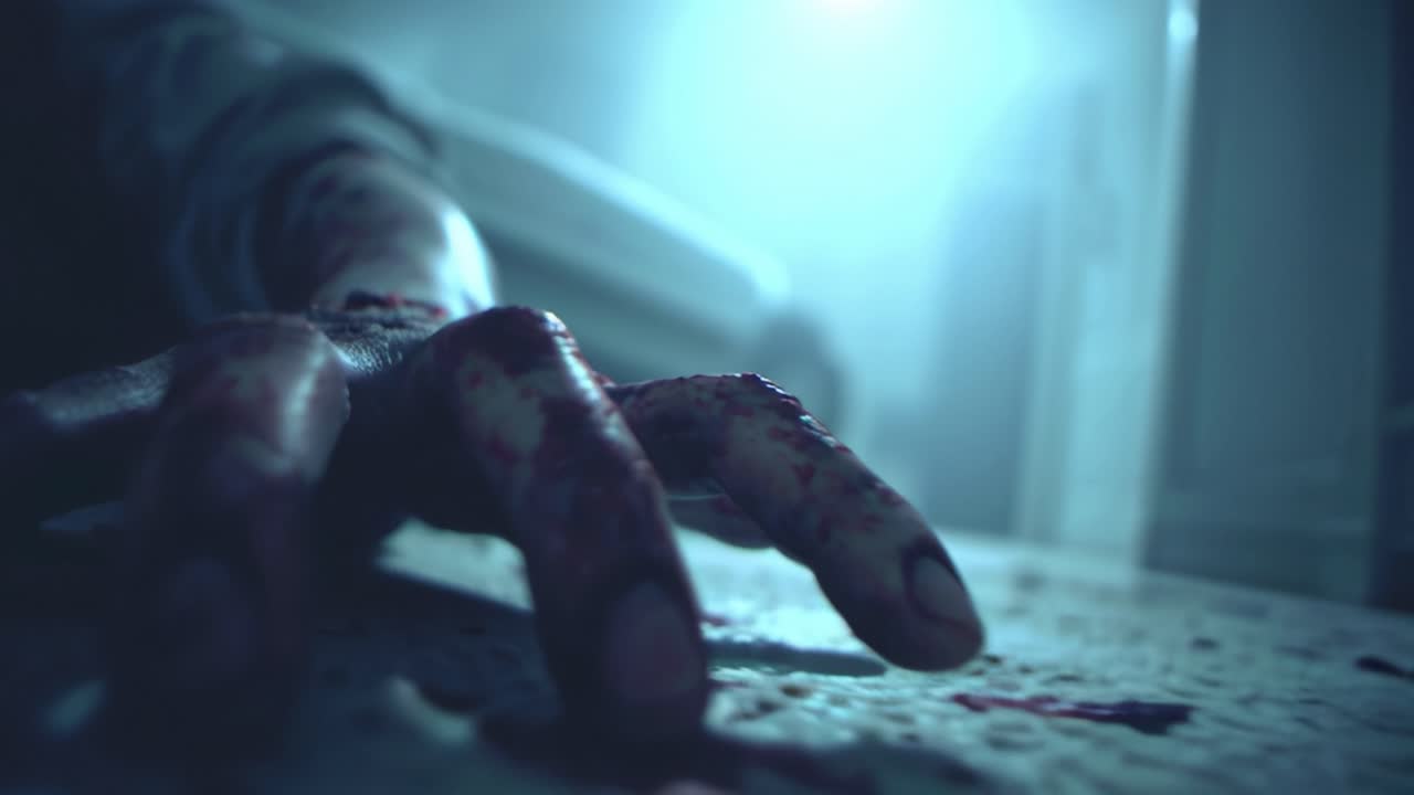 A Gripping Scene of Horror and Despair: A Bloodied Hand Reaches Out from the Darkness, Evoking Fear and Uncertainty in a Sinister Environment