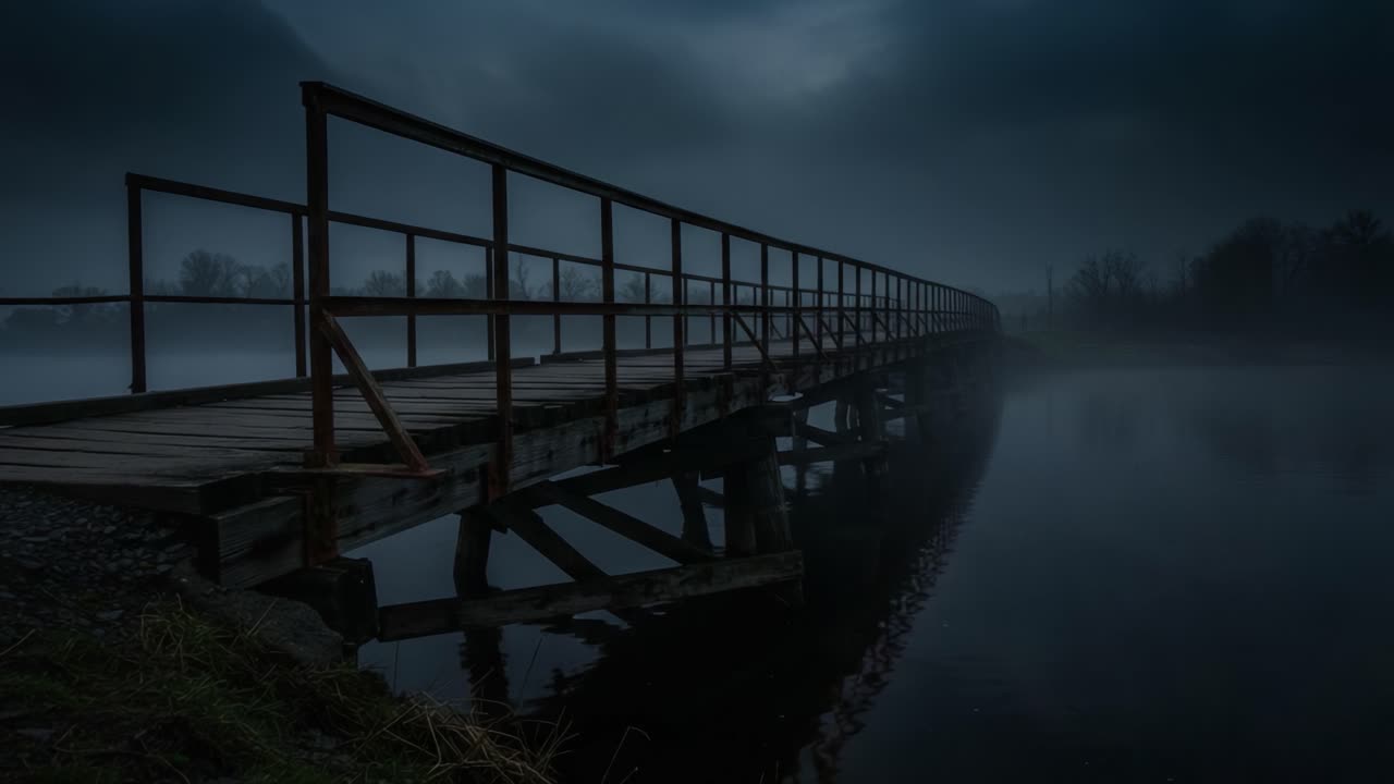 A Mysterious Bridge Surrounded by Fog and Shadows: Capturing the Eerie Atmosphere of an Overcast Evening by the Water's Edge