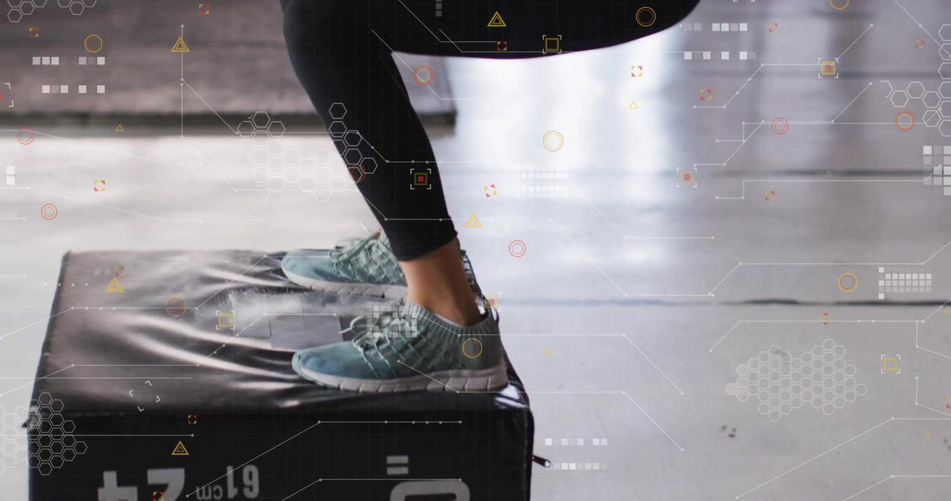 Woman bending knees, springing onto 20in padded plyo box, animated counter tracking fitness reps