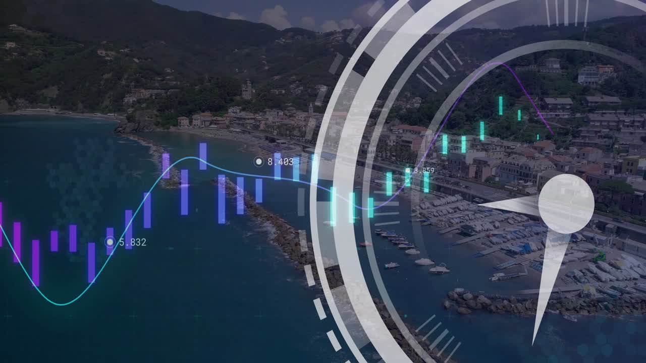 금융 데이터 처리 및 시계 도시 풍경의 애니메이션