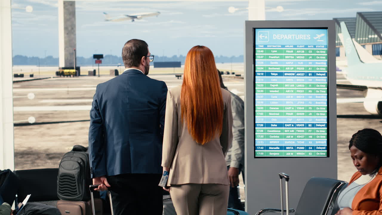 Gerente y asistente revisando documentos en la sala de espera de la terminal del aeropuerto.