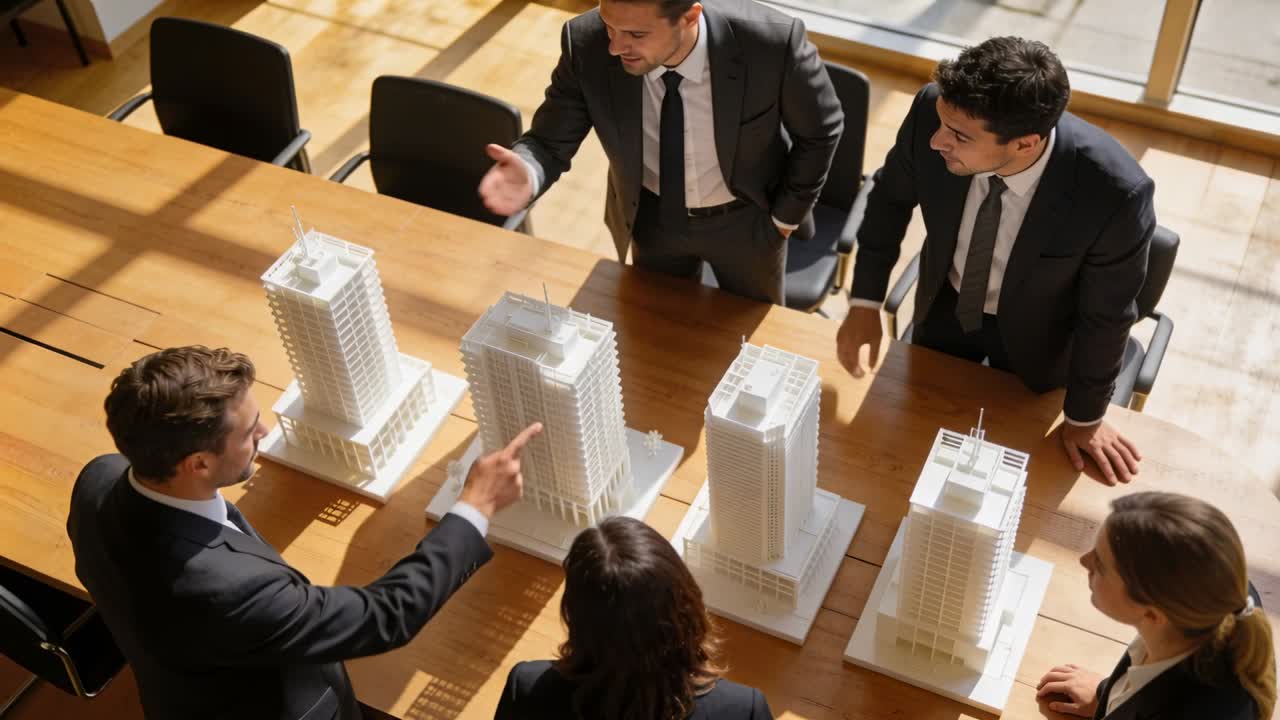 Líder de traje inclinado guiando al equipo en la mesa de reuniones, comparando cuatro maquetas blancas y sopesando planes.