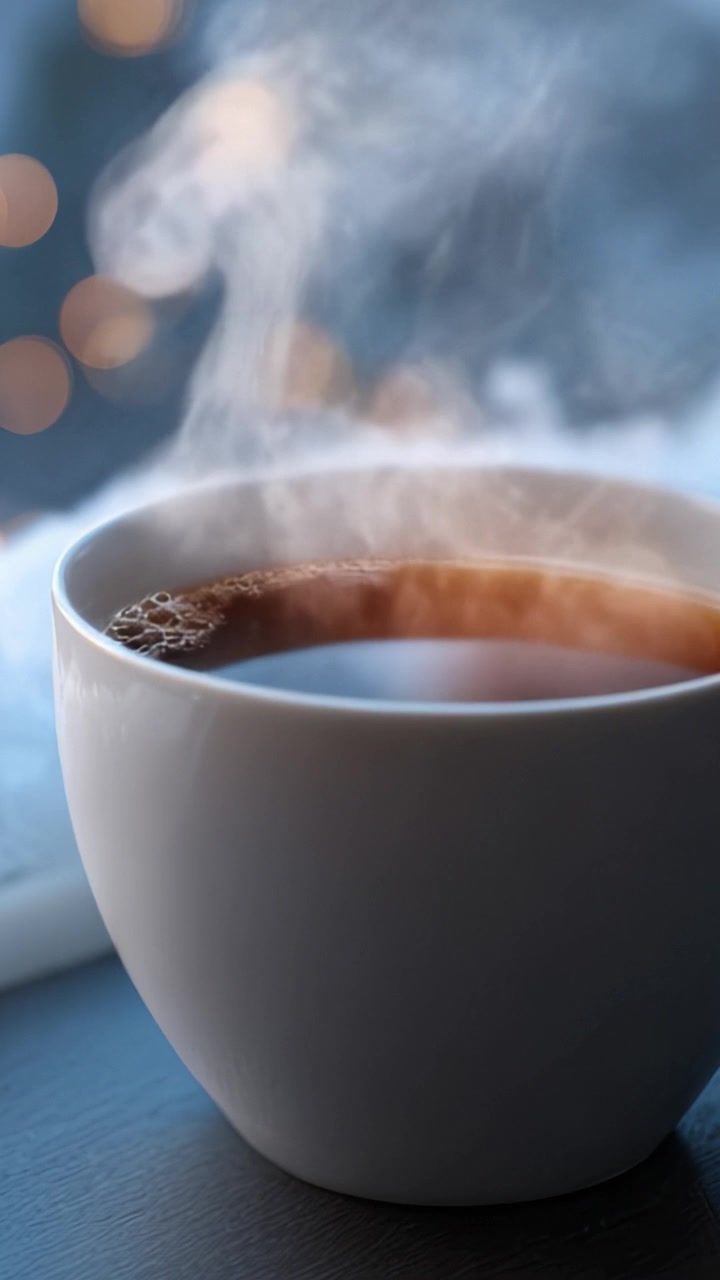 Una deliziosa tazza di caffè fumante che emana calore e aromi invitanti contro uno sfondo di luci bokeh soffuse e luminose per illuminare qualsiasi giornata fredda.