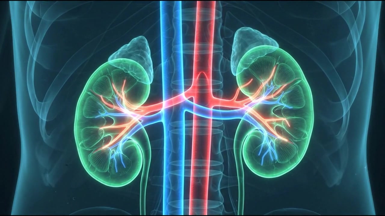 Glowing blue 3D pair of human kidneys model showing renal ureters