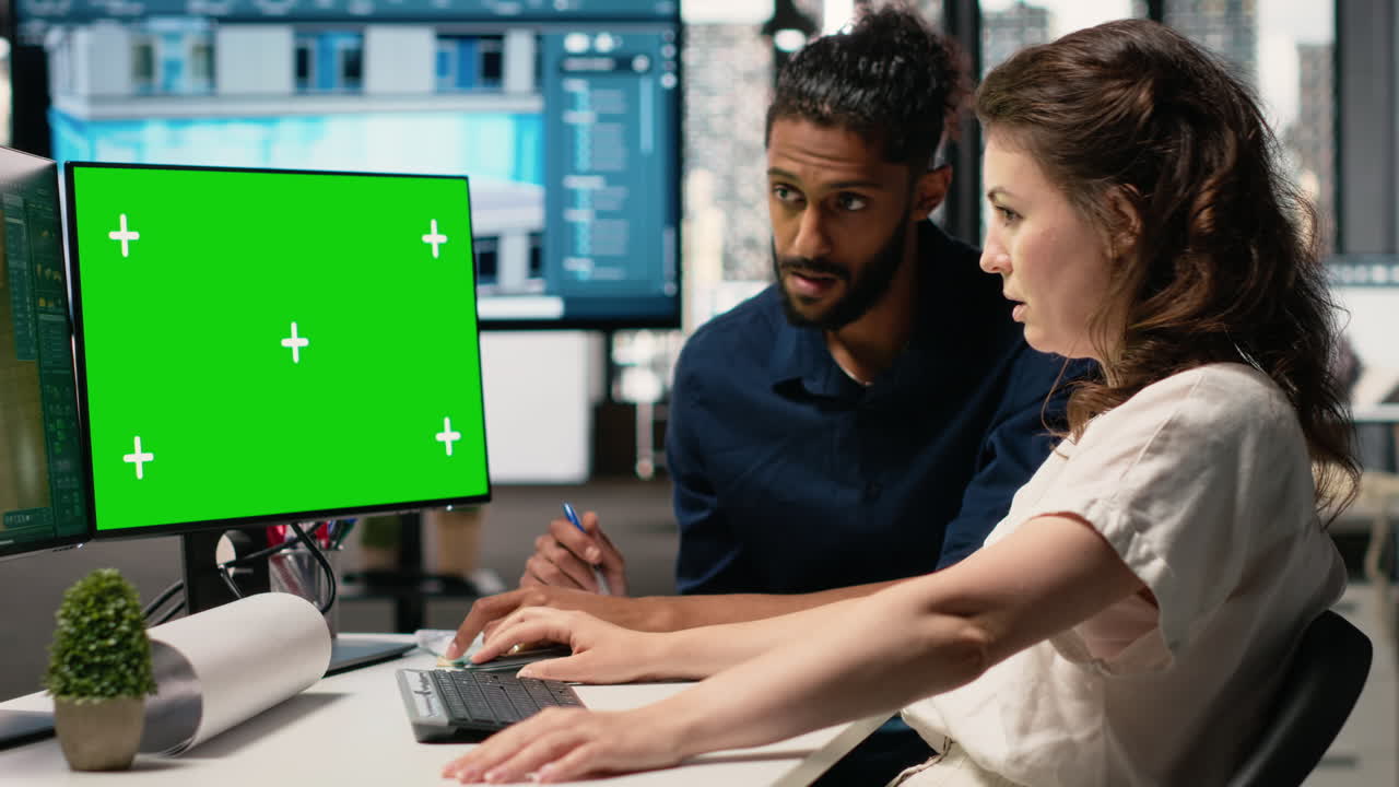 Team collaborating on a project with a green screen monitor