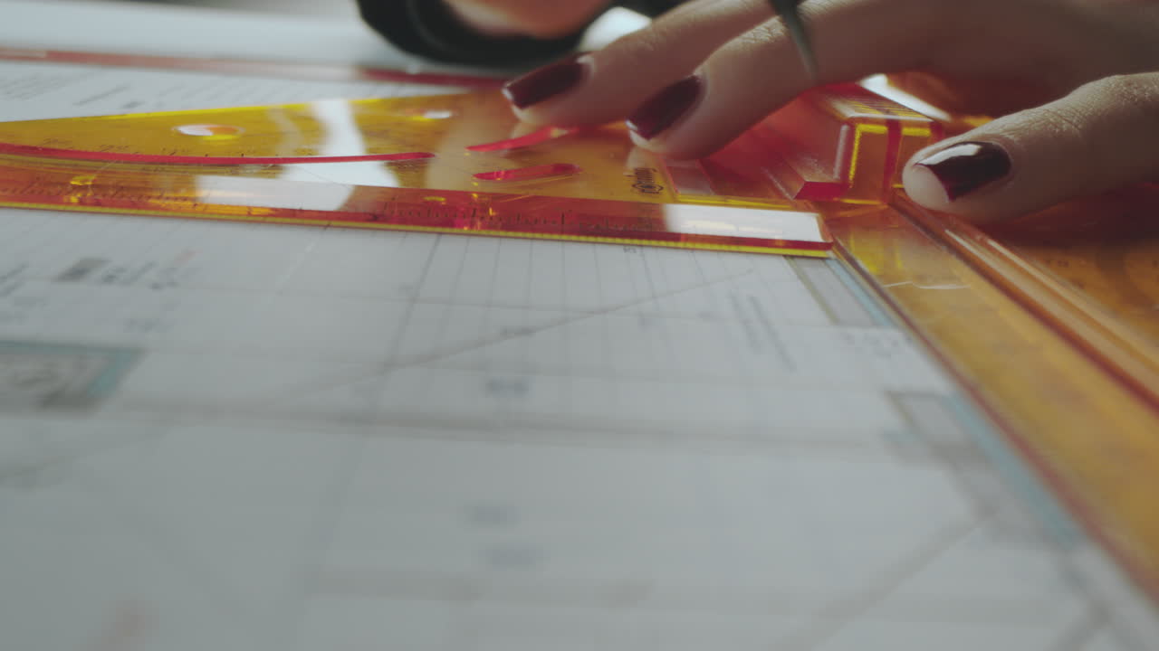 Person drawing on blueprints